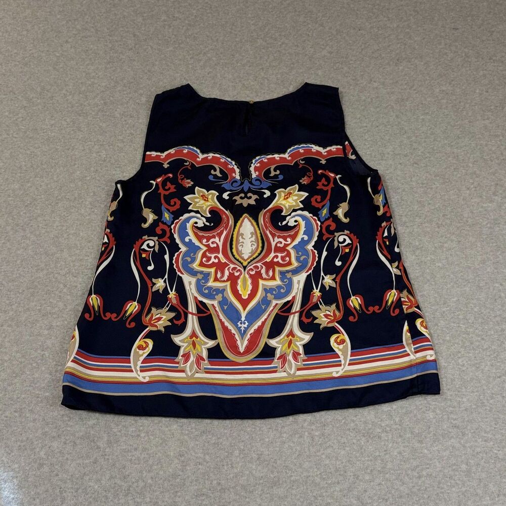 Women’s Navy Paisley Scarf Print Sleeveless Blouse Sheer Yoke Unbranded